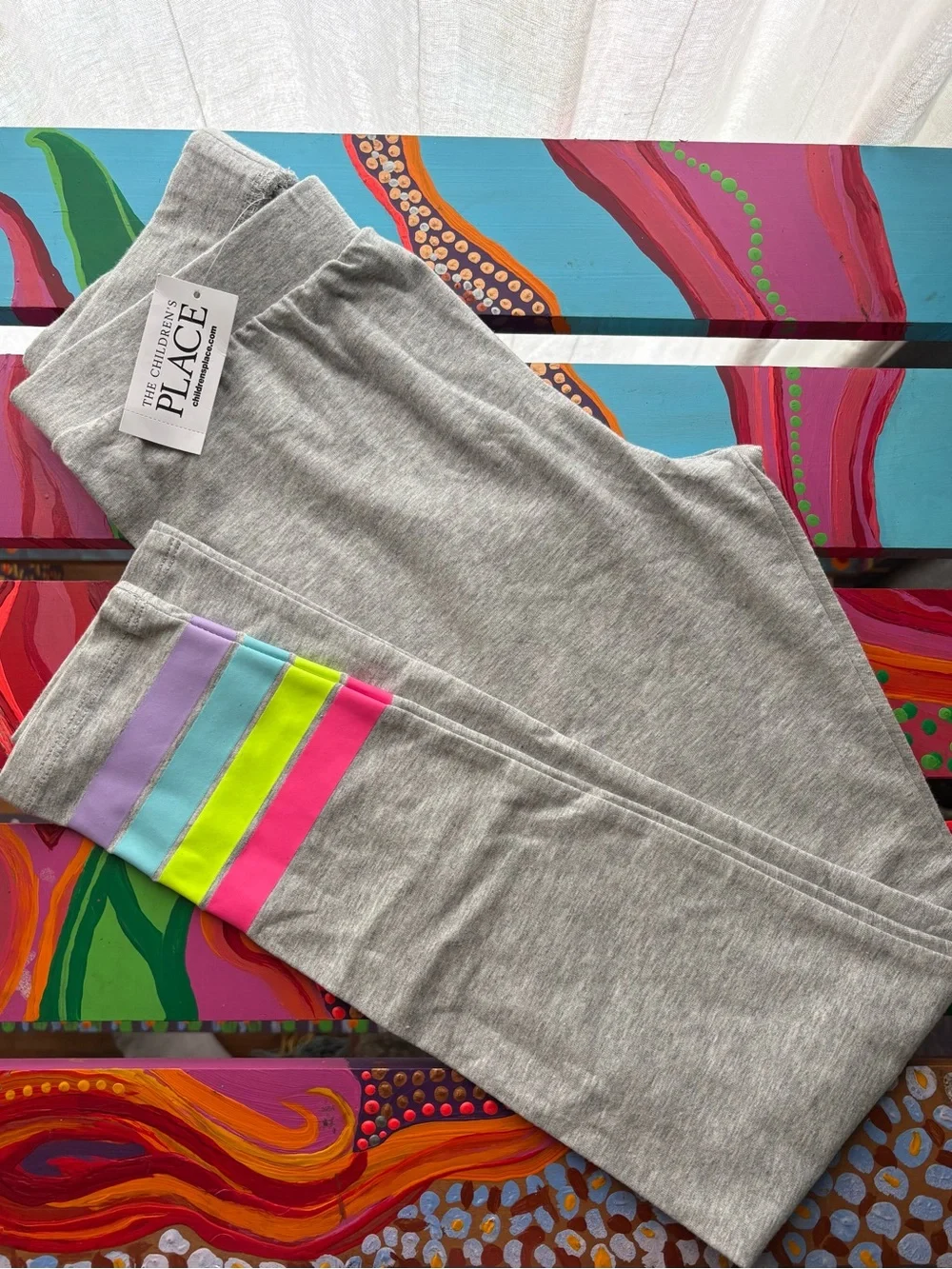 The Children’s Place Girls' Gray Leggings with Neon Stripe Detail Size L (10/12)
